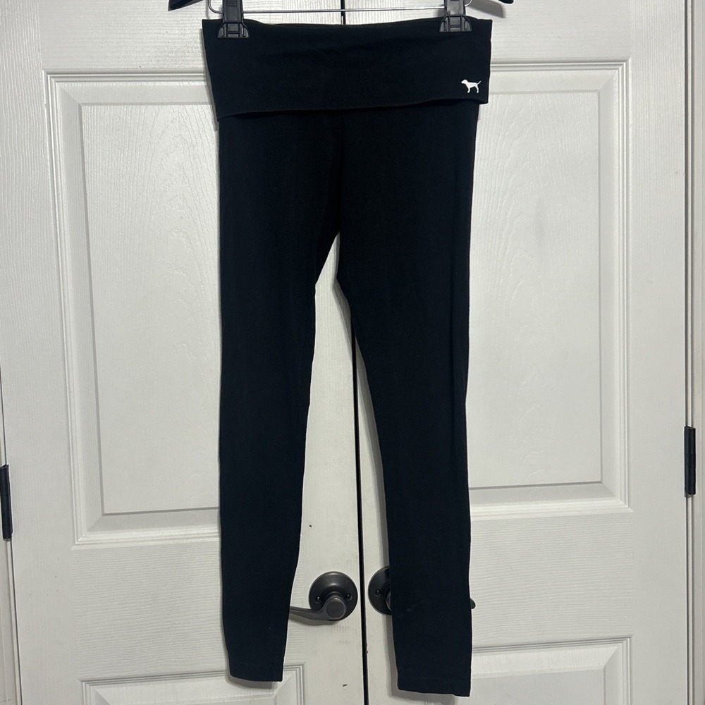 VTG PINK Victoria's Secret Yoga Pants Black Foldover Waist Leggings‎  Dog Y2K SM